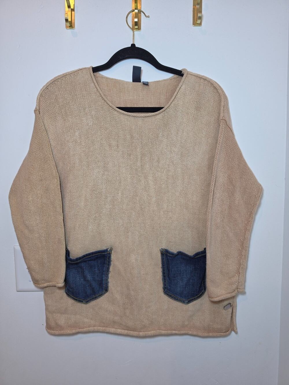 Shannon Passero Roll Neck Sweater Beige Cotton Denim Pocket Size S Lagenlook